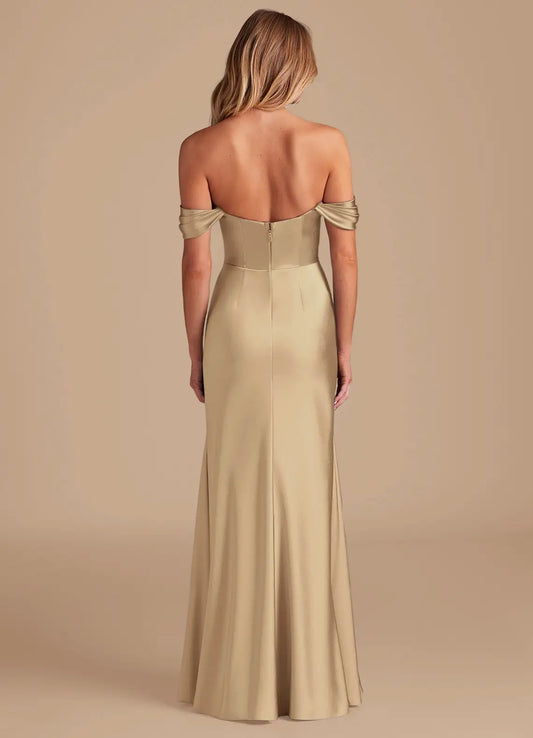 Champagne Mermaid Off-Shoulder Satin High Slit Floor-Length Wedding Dress - Yihuiw by Yihuiw
