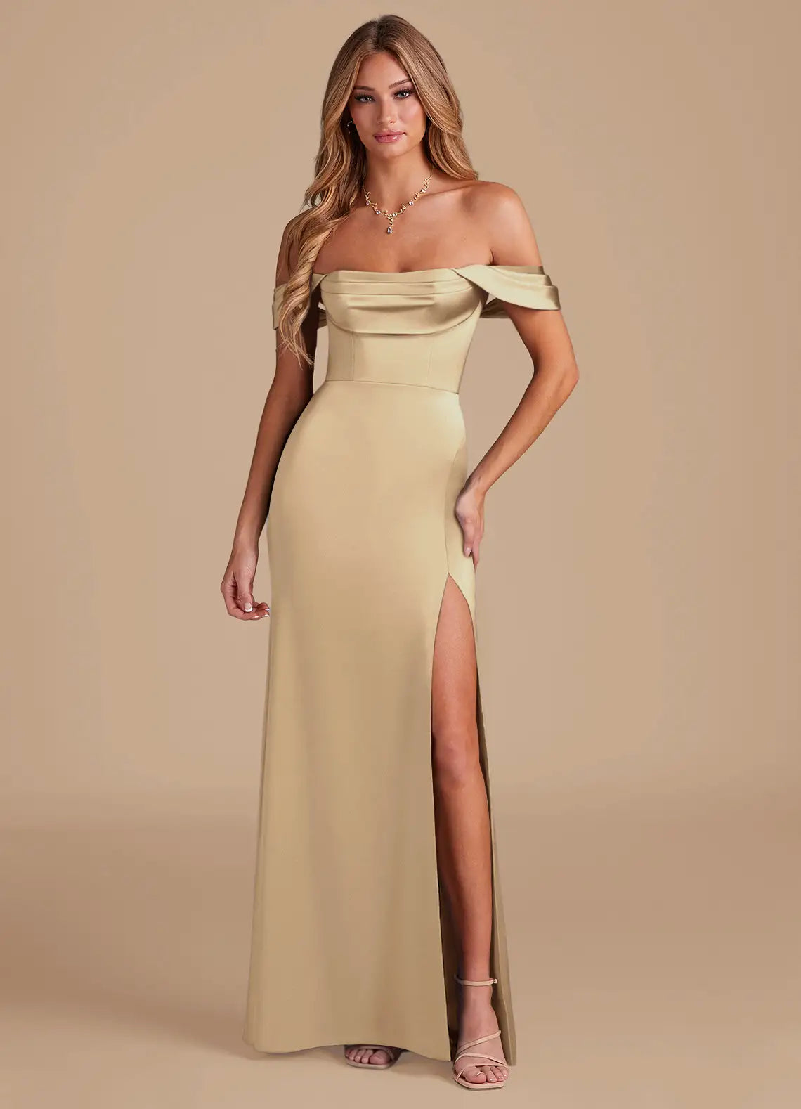 Champagne Mermaid Off-Shoulder Satin High Slit Floor-Length Wedding Dress - Yihuiw by Yihuiw