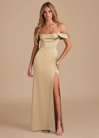 Champagne Mermaid Off-Shoulder Satin High Slit Floor-Length Wedding Dress - Yihuiw by Yihuiw