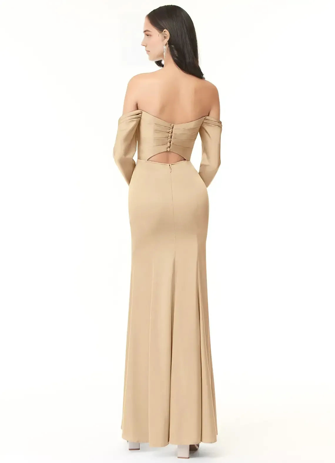 Champagne Mermaid Off-Shoulder Satin Long Sleeve High Slit Floor-Length Wedding Dress - Yihuiw by Yihuiw