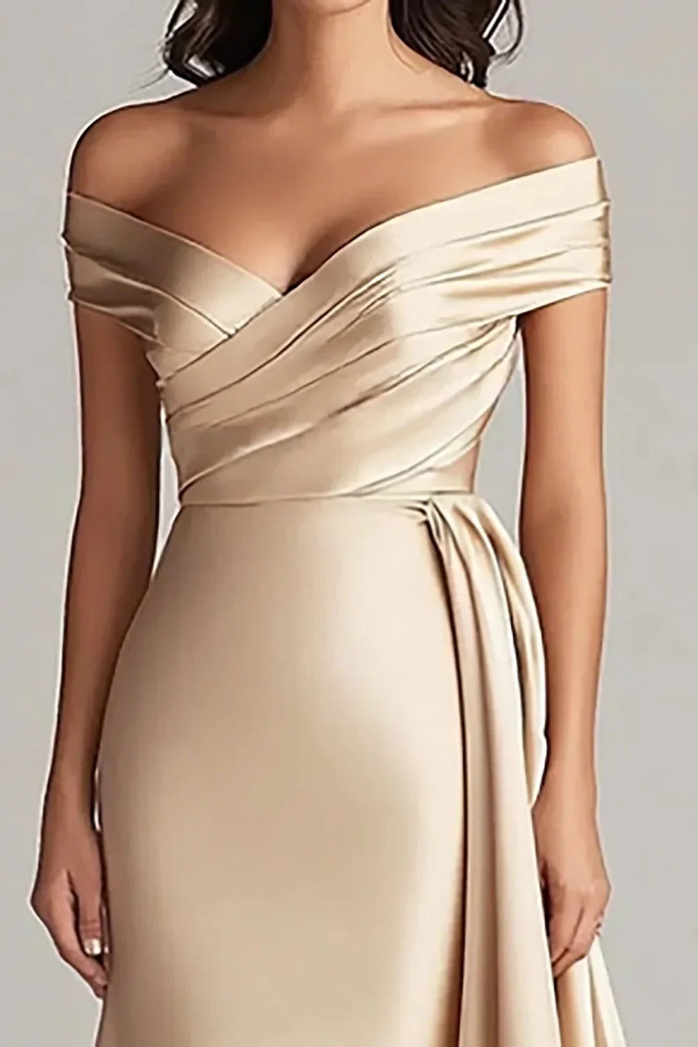 Champagne Off - Shoulder Satin Evening Gown with Train Off The Shoulder Champagne Long Formal Dress Evening Dress by YiHuiw