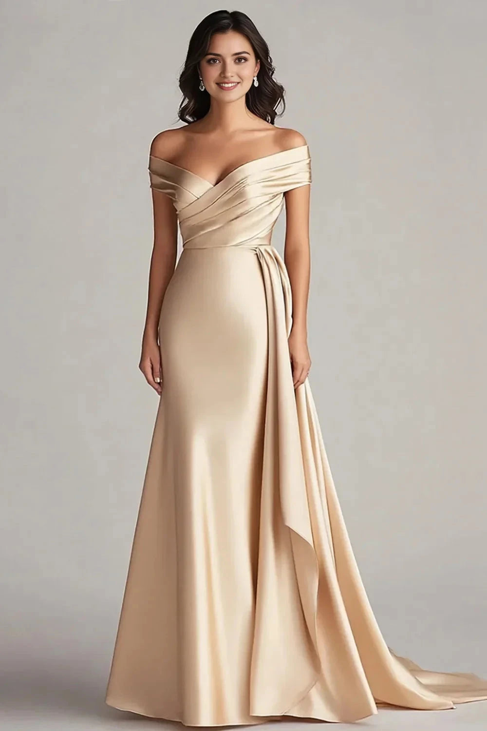 Champagne Off - Shoulder Satin Evening Gown with Train Off The Shoulder Champagne Long Formal Dress Evening Dress by YiHuiw