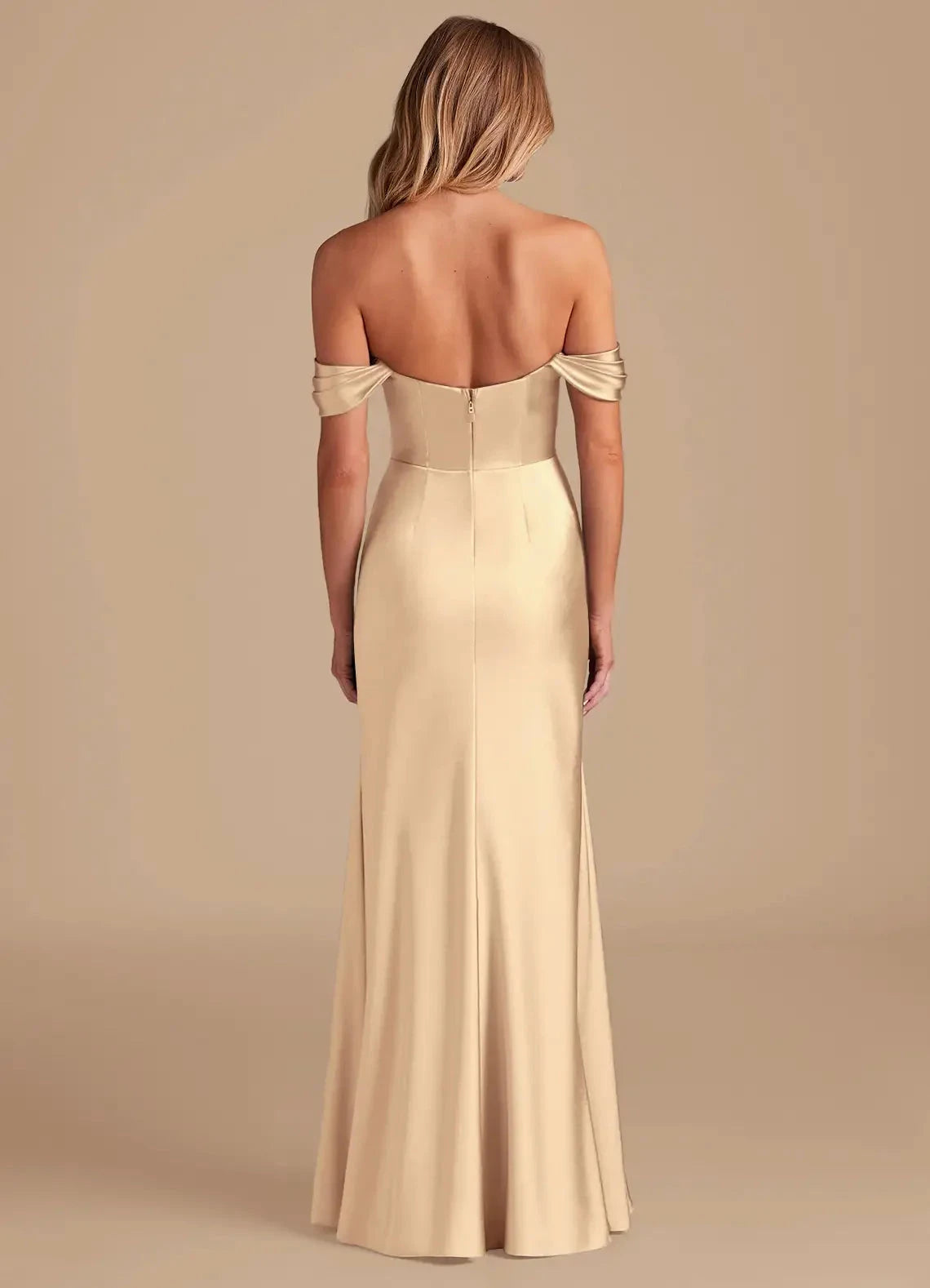 Champagne Off-Shoulder Satin Maxi Dress with Side Slit Gold A-Line Off the Shoulder Metallic Satin Convertible Dress Bridesmaid Dresses by YiHuiw
