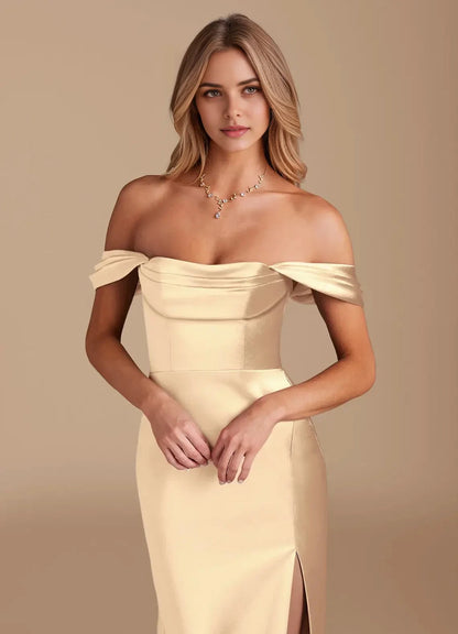 Champagne Off-Shoulder Satin Maxi Dress with Side Slit Gold A-Line Off the Shoulder Metallic Satin Convertible Dress Bridesmaid Dresses by YiHuiw