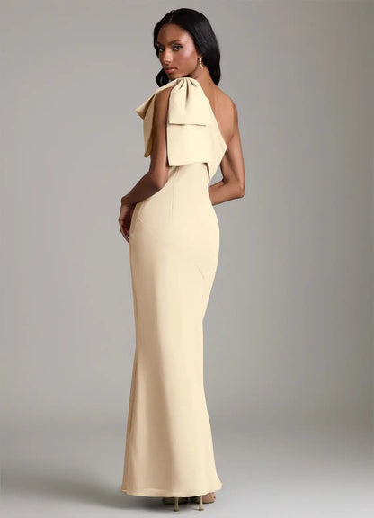 Champagne Mermaid One-Shoulder Satin Floor-Length Wedding Dress - Yihuiw by Yihuiw