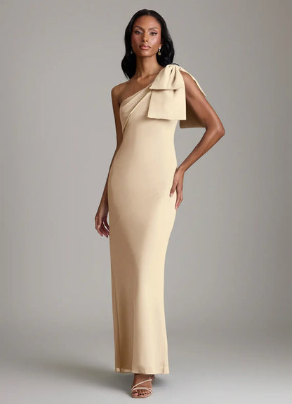 Champagne Mermaid One-Shoulder Satin Floor-Length Wedding Dress - Yihuiw by Yihuiw