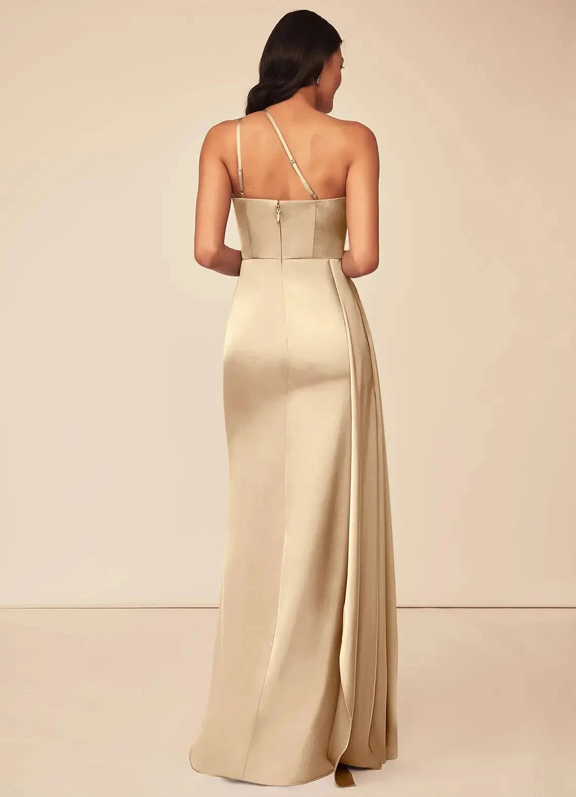 Champagne One-Shoulder Satin Maxi Dress with Side Slit A-Line One Shoulder Stretch Satin Dress Bridesmaid Dresses by YiHuiw