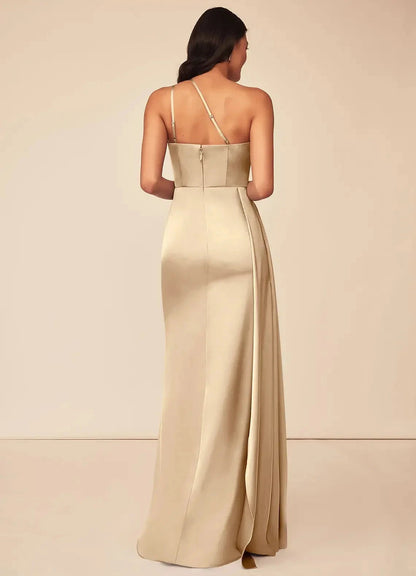 Champagne One-Shoulder Satin Maxi Dress with Side Slit A-Line One Shoulder Stretch Satin Dress Bridesmaid Dresses by YiHuiw