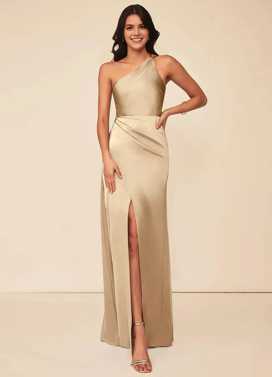 Champagne One-Shoulder Satin Maxi Dress with Side Slit A-Line One Shoulder Stretch Satin Dress Bridesmaid Dresses by YiHuiw