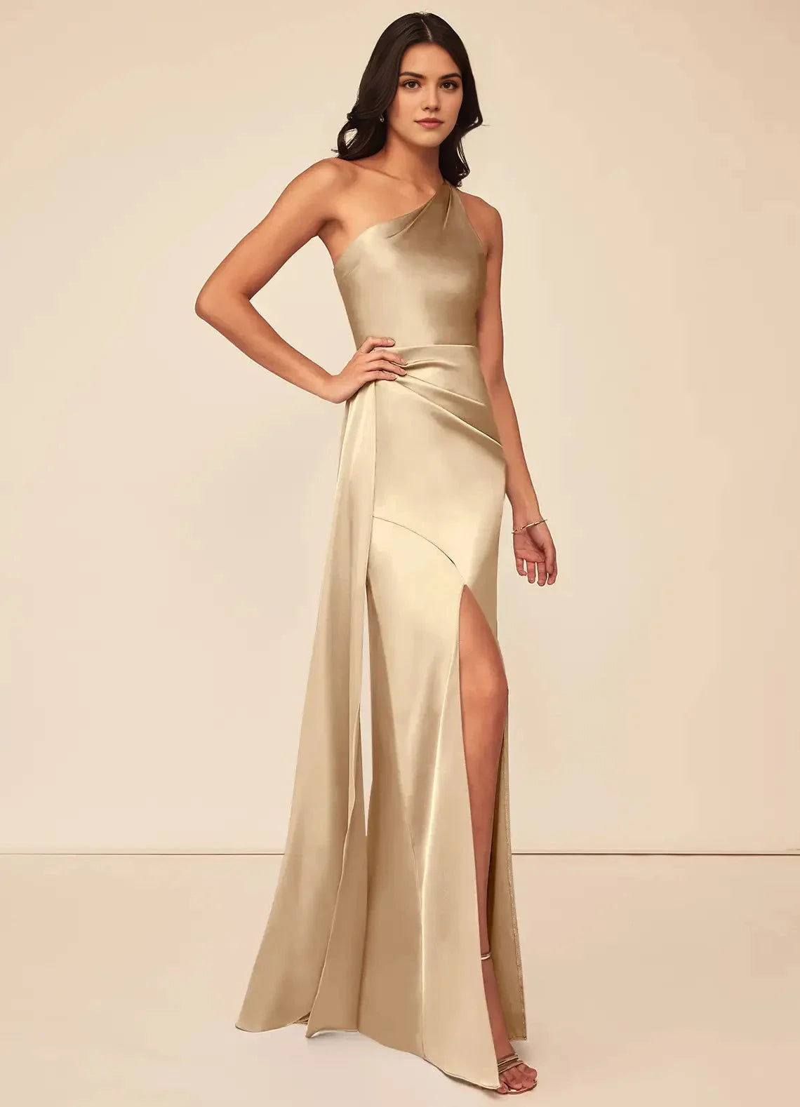 Champagne One-Shoulder Satin Maxi Dress with Side Slit A-Line One Shoulder Stretch Satin Dress Bridesmaid Dresses by YiHuiw