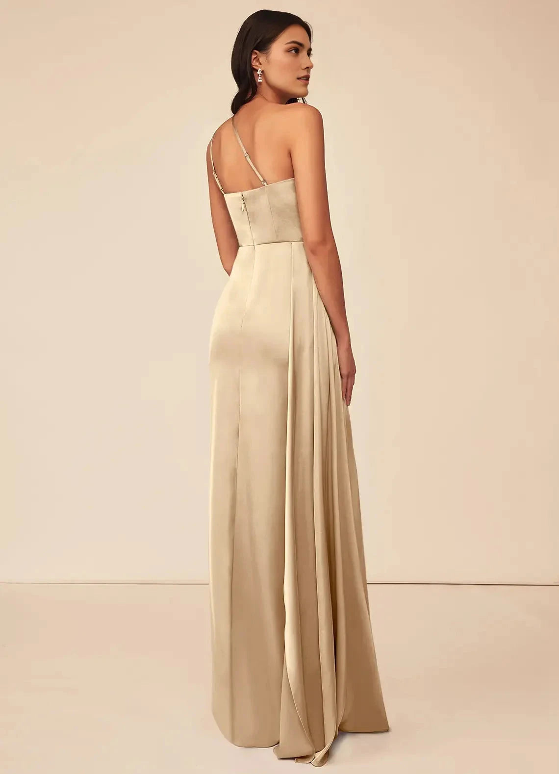 Champagne One-Shoulder Satin Maxi Dress with Side Slit A-Line One Shoulder Stretch Satin Dress Bridesmaid Dresses by YiHuiw