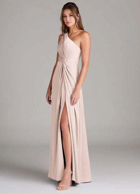 Champagne One-Shoulder Satin High Slit Floor-Length Wedding Dress - Yihuiw by Yihuiw