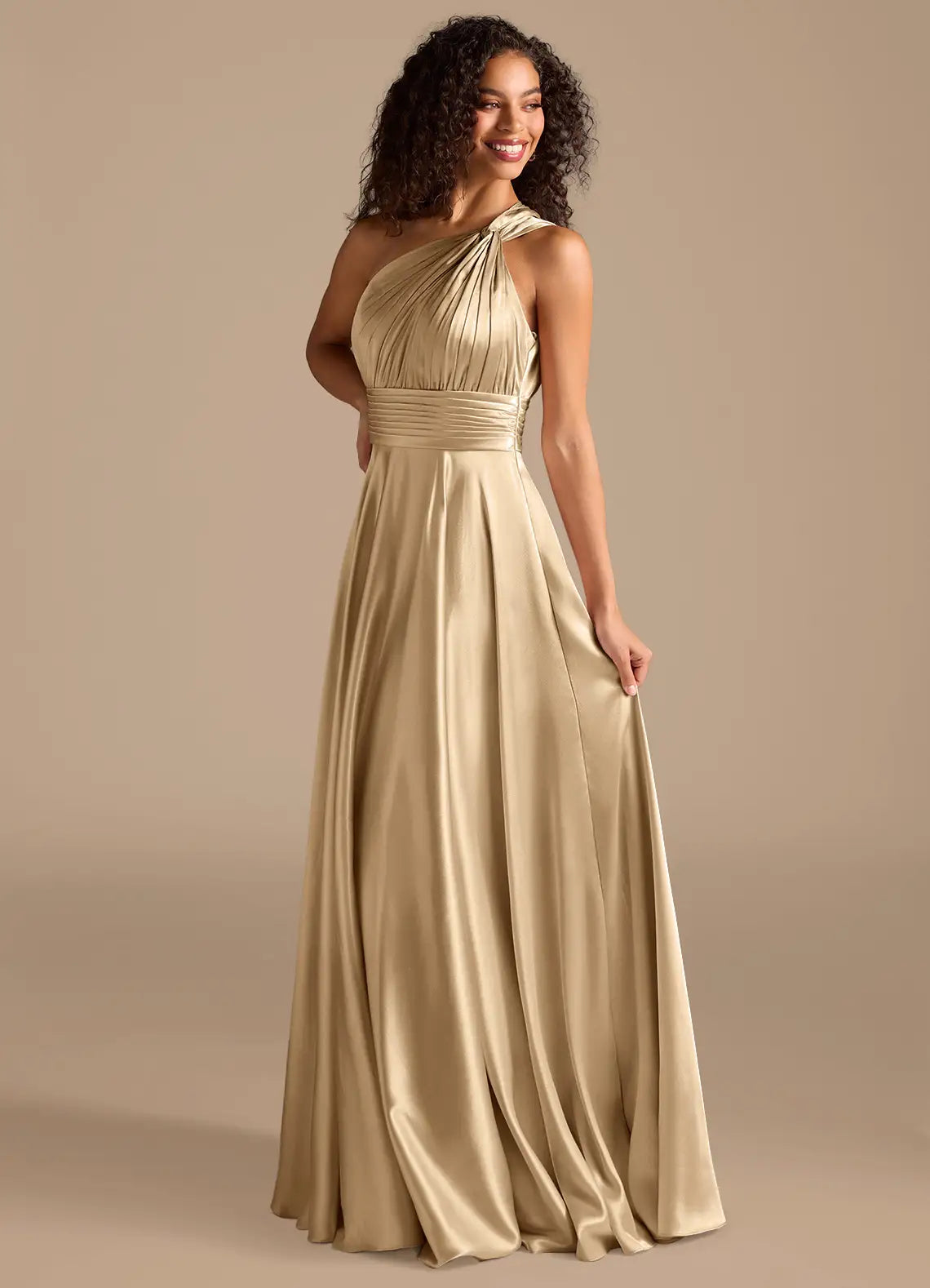 Champagne A-Line One-Shoulder Satin Pleated Floor-Length Wedding Dress - Yihuiw by Yihuiw