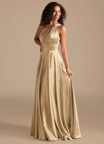Champagne A-Line One-Shoulder Satin Pleated Floor-Length Wedding Dress - Yihuiw by Yihuiw