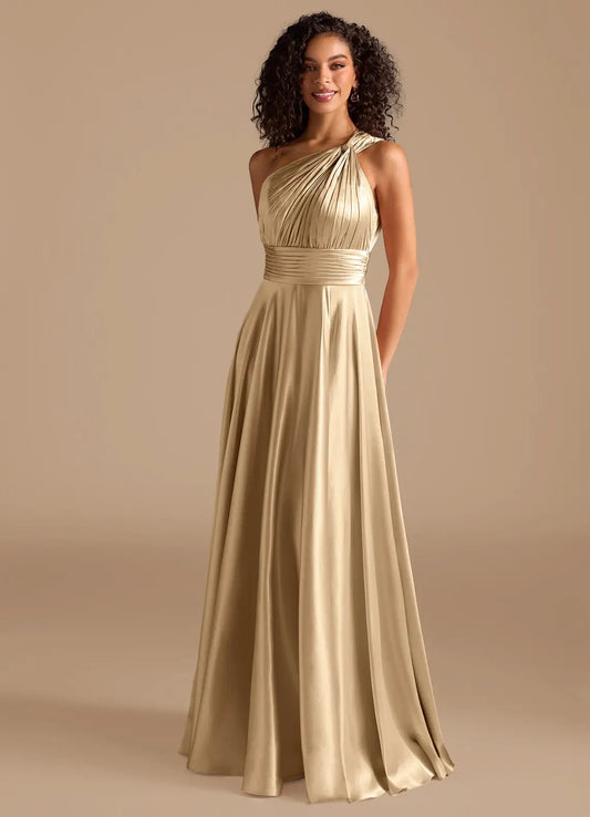 Champagne A-Line One-Shoulder Satin Pleated Floor-Length Wedding Dress - Yihuiw by Yihuiw