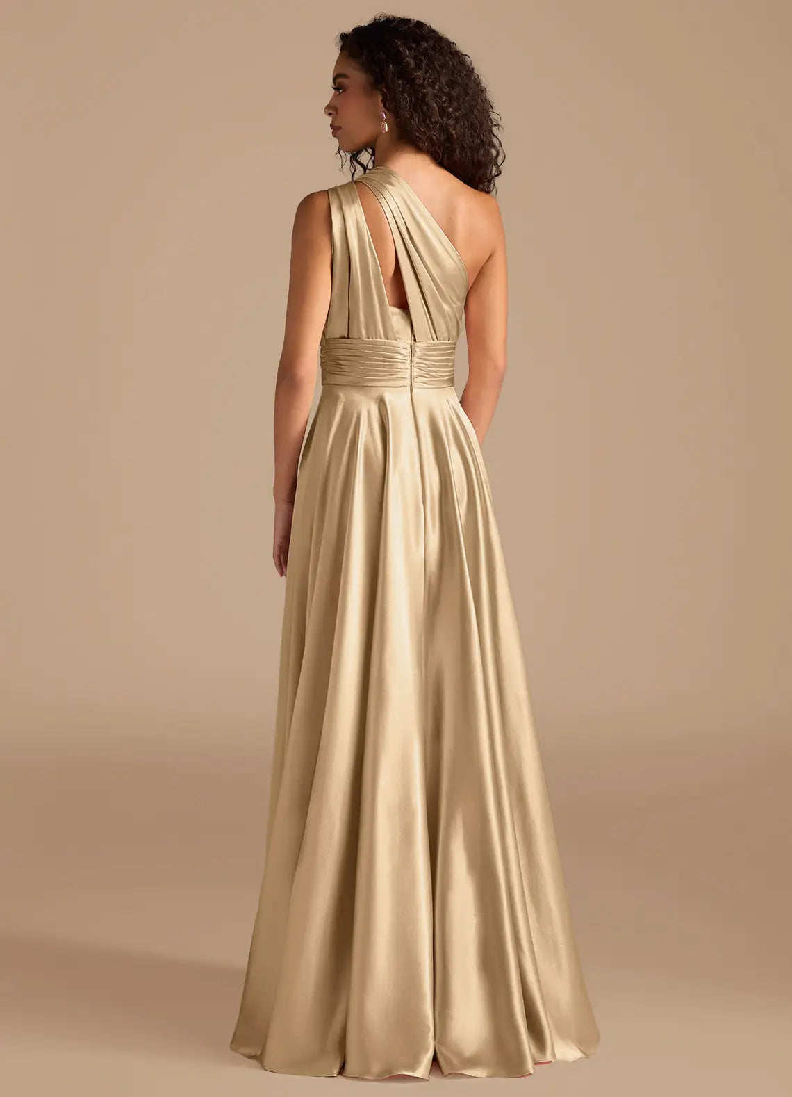 Champagne A-Line One-Shoulder Satin Pleated Floor-Length Wedding Dress - Yihuiw by Yihuiw