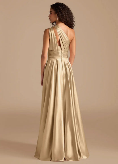 Champagne A-Line One-Shoulder Satin Pleated Floor-Length Wedding Dress - Yihuiw by Yihuiw