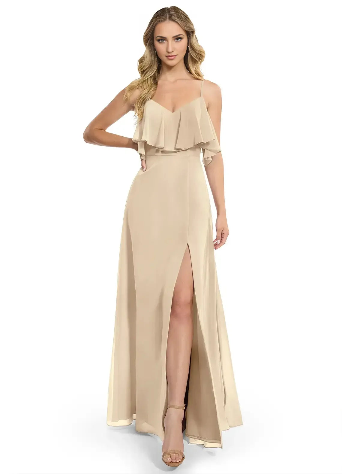 Champagne A-Line Spaghetti Strap Chiffon High Slit Floor-Length Wedding Dress - Yihuiw by Yihuiw