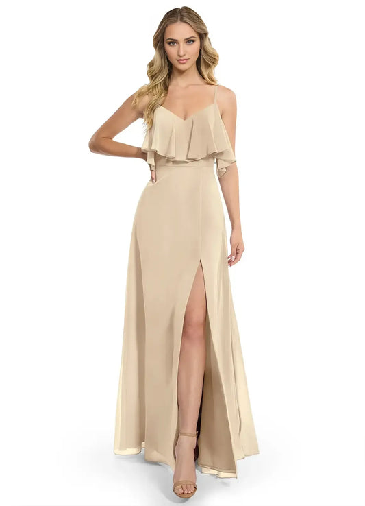 Champagne A-Line Spaghetti Strap Chiffon High Slit Floor-Length Wedding Dress - Yihuiw by Yihuiw
