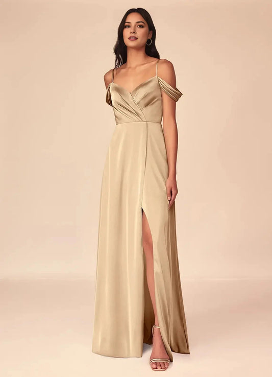 Champagne Satin Cold-Shoulder Maxi with Side Slit A-Line V-Neck Pleated Stretch Bridesmaid Dresses by YiHuiw