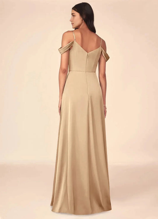 Champagne Satin Cold-Shoulder Maxi with Side Slit A-Line V-Neck Pleated Stretch Bridesmaid Dresses by YiHuiw