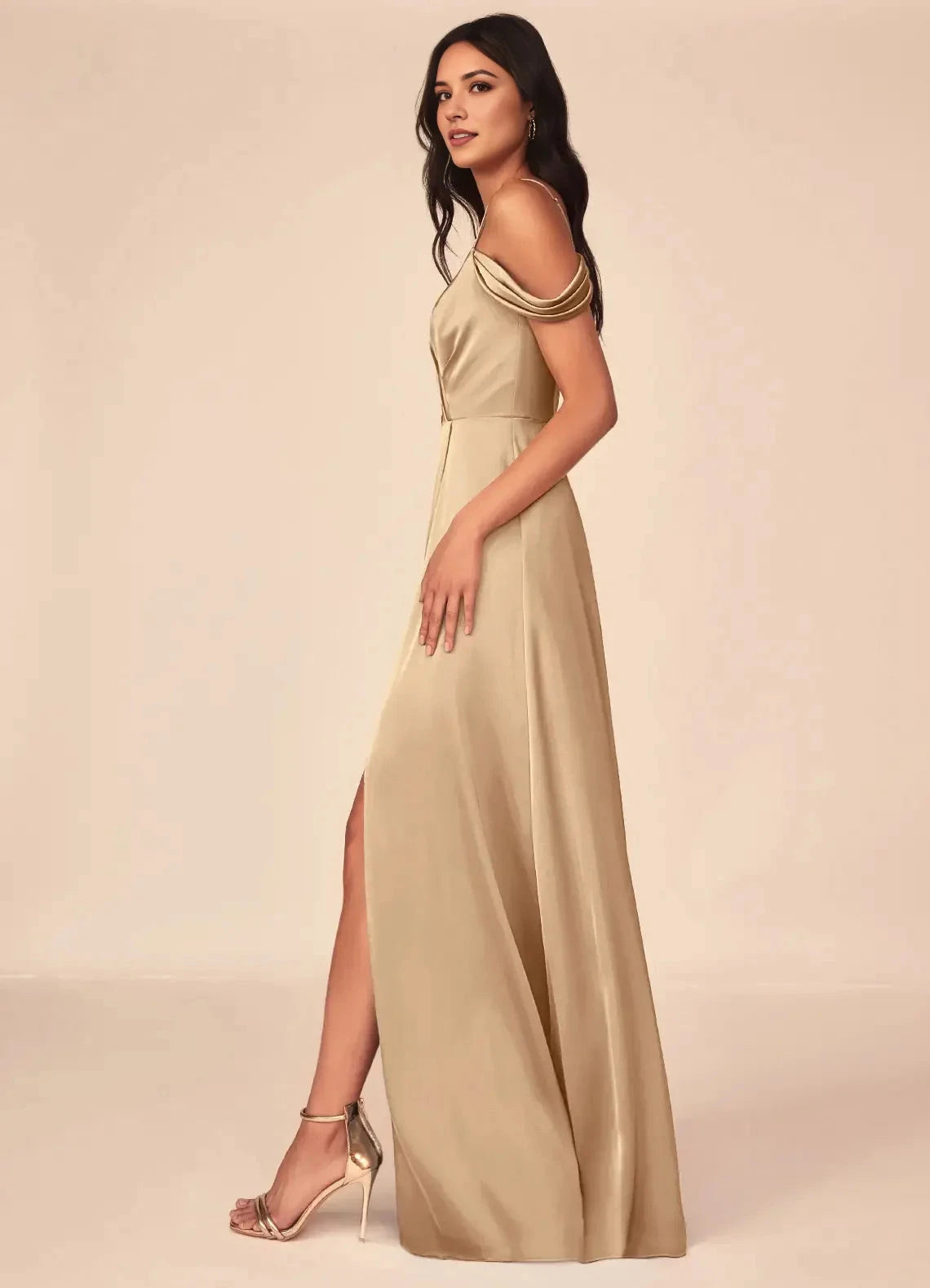 Champagne Satin Cold-Shoulder Maxi with Side Slit A-Line V-Neck Pleated Stretch Bridesmaid Dresses by YiHuiw