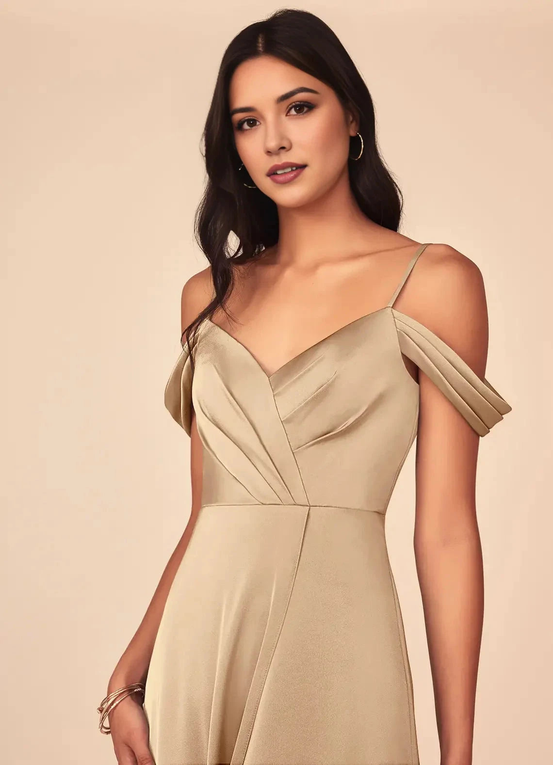 Champagne Satin Cold-Shoulder Maxi with Side Slit A-Line V-Neck Pleated Stretch Bridesmaid Dresses by YiHuiw