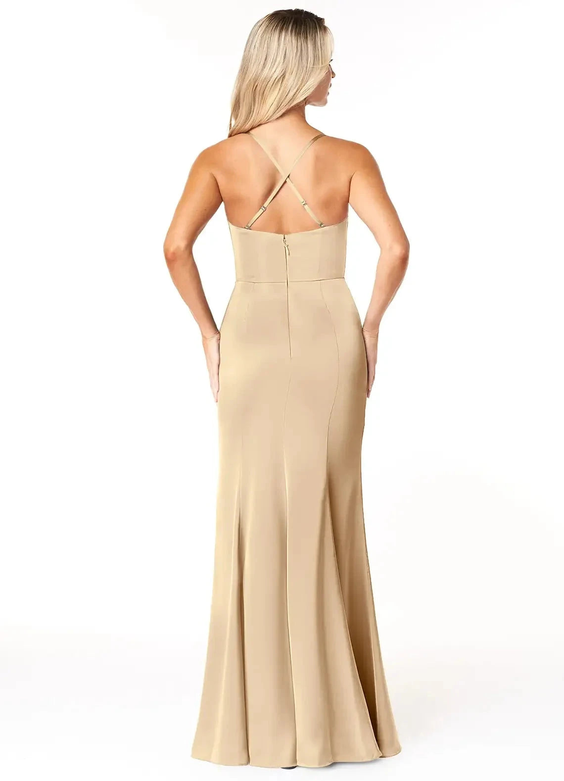 Champagne Satin Cowl Neck Evening Gown with Crisscross Back Sheath Cowl Pleated Stretch Satin Dress Bridesmaid Dresses by YiHuiw