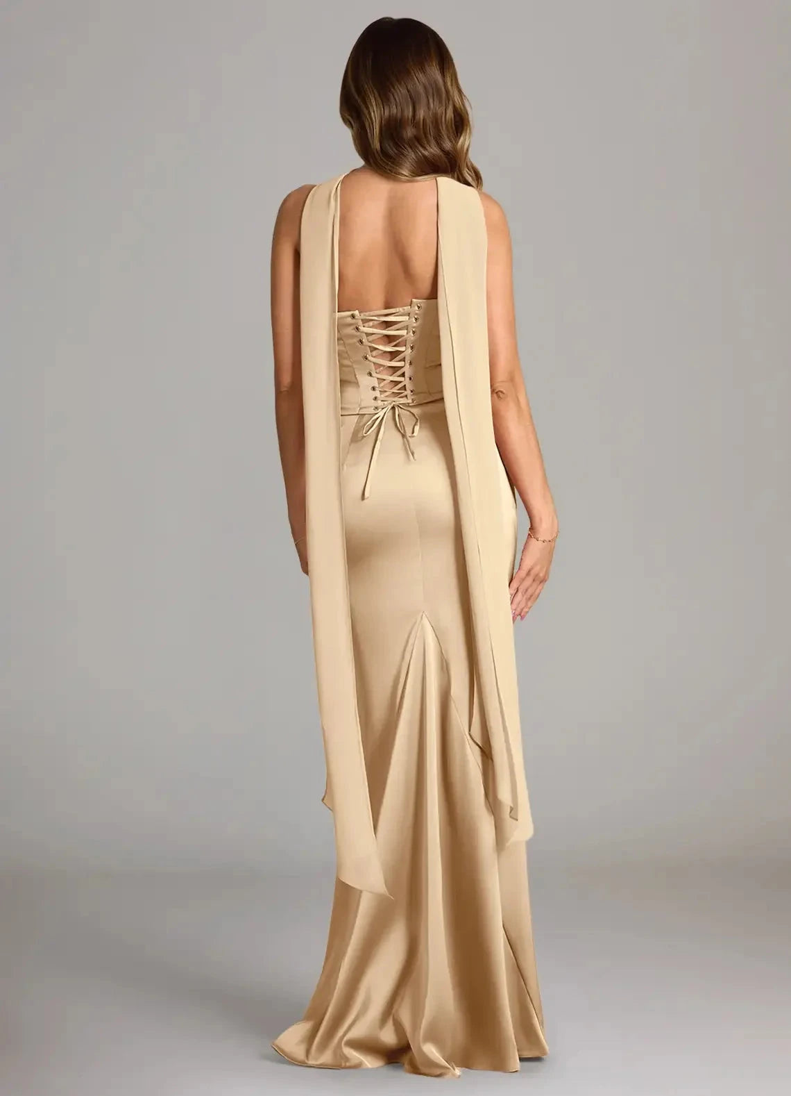 Champagne Satin Cowl Neck Maxi Dress with Draped Scarf Champagne Mermaid Strapless Stretch Satin Convertible Dress Bridesmaid Dresses by YiHuiw