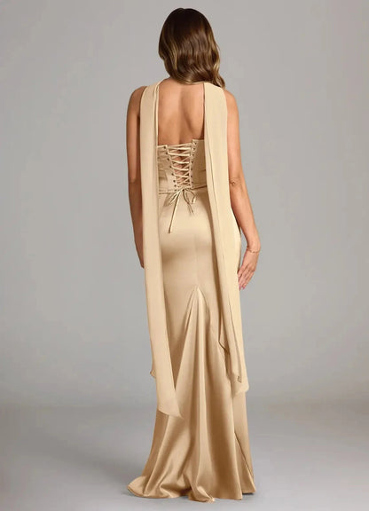 Champagne Satin Cowl Neck Maxi Dress with Draped Scarf Champagne Mermaid Strapless Stretch Satin Convertible Dress Bridesmaid Dresses by YiHuiw