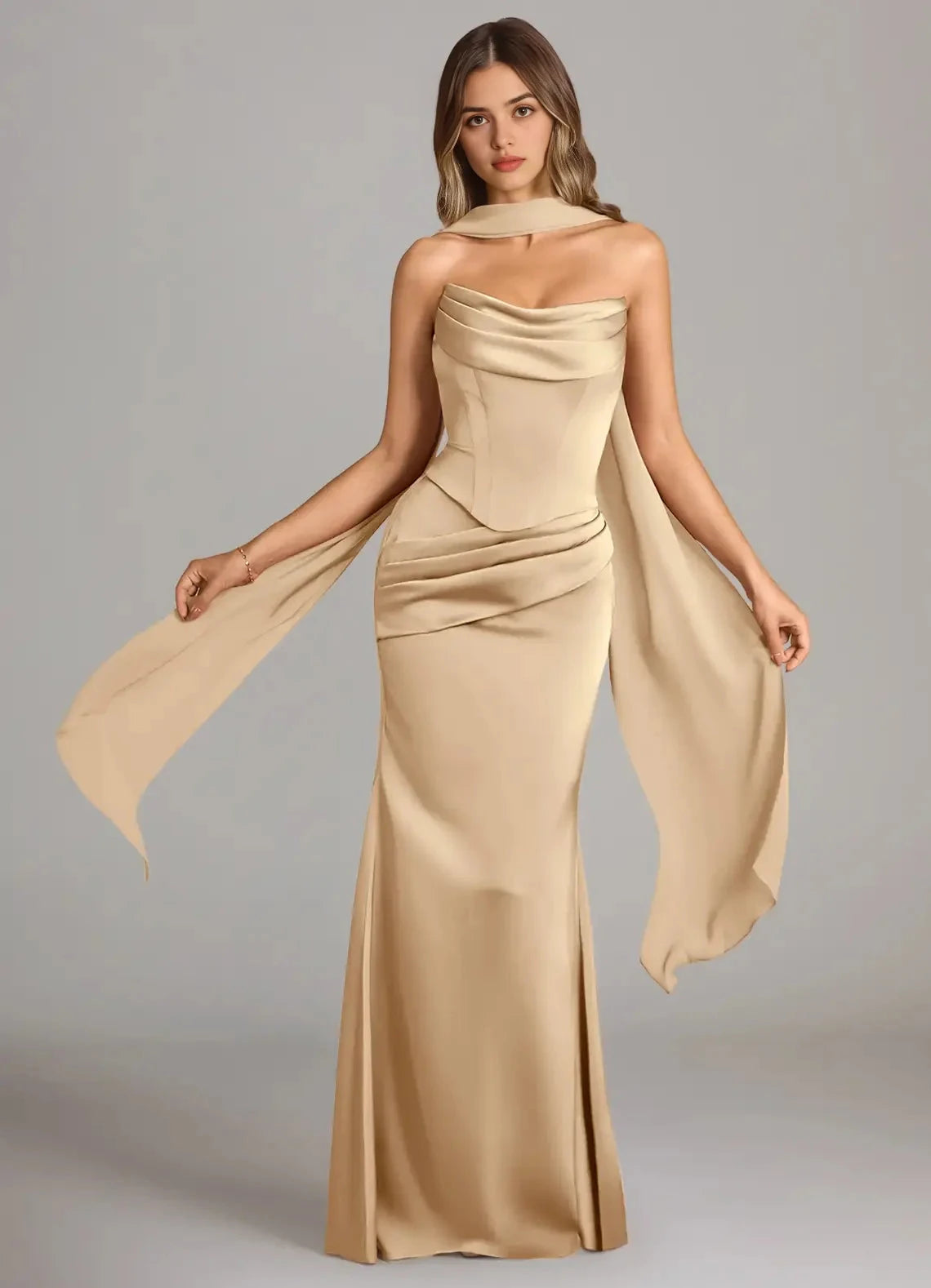 Champagne Satin Cowl Neck Maxi Dress with Draped Scarf Champagne Mermaid Strapless Stretch Satin Convertible Dress Bridesmaid Dresses by YiHuiw