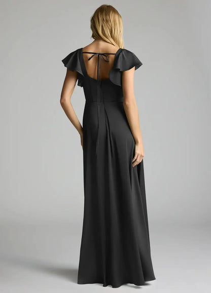 Champagne Satin Cowl Neck Maxi Dress with Draped Scarf Black A-Line Bow Stretch Satin Dress Bridesmaid Dresses by YiHuiw