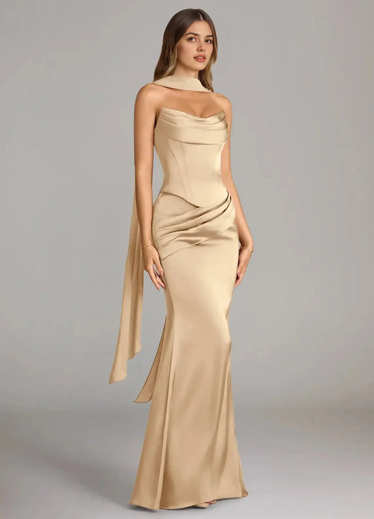 Champagne Satin Cowl Neck Maxi Dress with Draped Scarf Champagne Mermaid Strapless Stretch Satin Convertible Dress Bridesmaid Dresses by YiHuiw