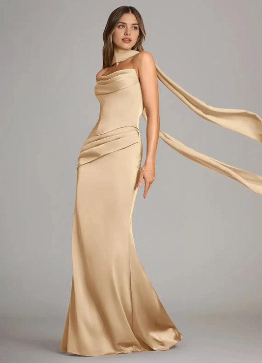 Champagne Satin Cowl Neck Maxi Dress with Draped Scarf Champagne Mermaid Strapless Stretch Satin Convertible Dress Bridesmaid Dresses by YiHuiw