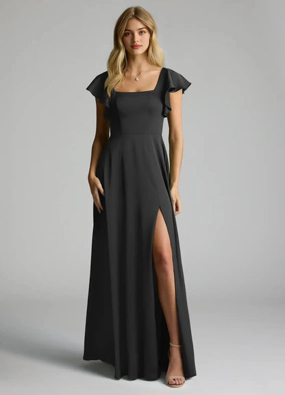 Champagne Satin Cowl Neck Maxi Dress with Draped Scarf Black A-Line Bow Stretch Satin Dress Bridesmaid Dresses by YiHuiw