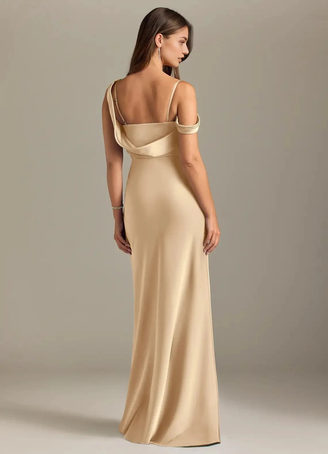 Champagne Satin One-Shoulder Maxi Dress with Side Slit and Cowl Back Champagne Mermaid Off the Shoulder Stretch Satin Convertible Dress Bridesmaid Dresses by YiHuiw