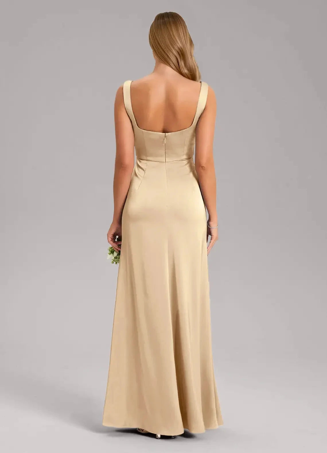 Champagne Satin Square Neck Maxi Dress with Tie Straps and Side Slit Champagne A-Line Bow Stretch Satin Dress Bridesmaid Dresses by YiHuiw