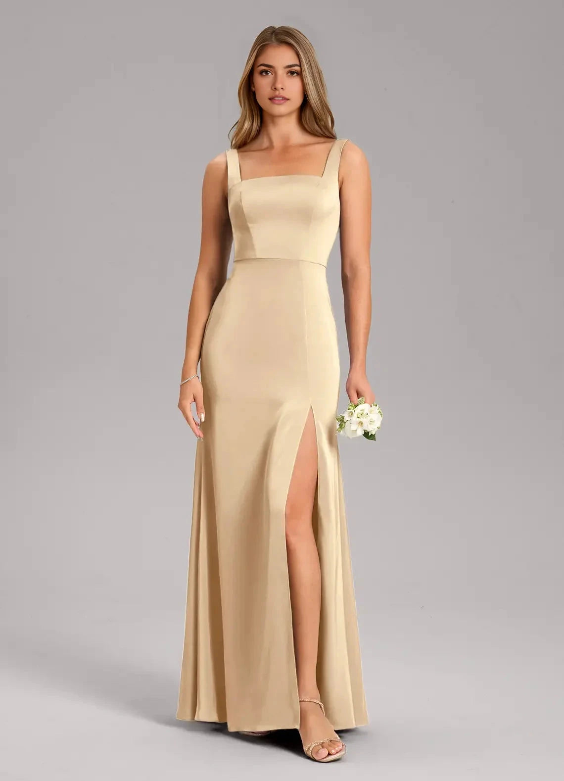 Champagne Satin Square Neck Maxi Dress with Tie Straps and Side Slit Champagne A-Line Bow Stretch Satin Dress Bridesmaid Dresses by YiHuiw