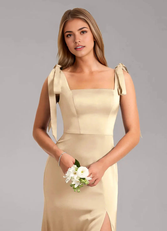 Champagne Satin Square Neck Maxi Dress with Tie Straps and Side Slit Champagne A-Line Bow Stretch Satin Dress Bridesmaid Dresses by YiHuiw
