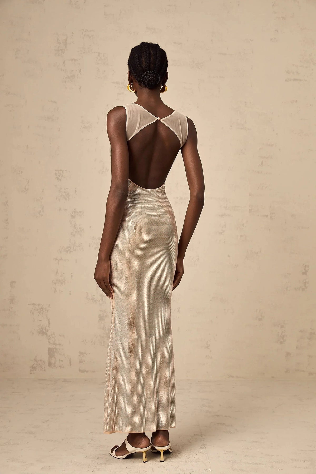 Champagne Sequined Open - Back Maxi Dress Sophie crystal-embellished open-back maxi dress Evening Dress by YiHuiw