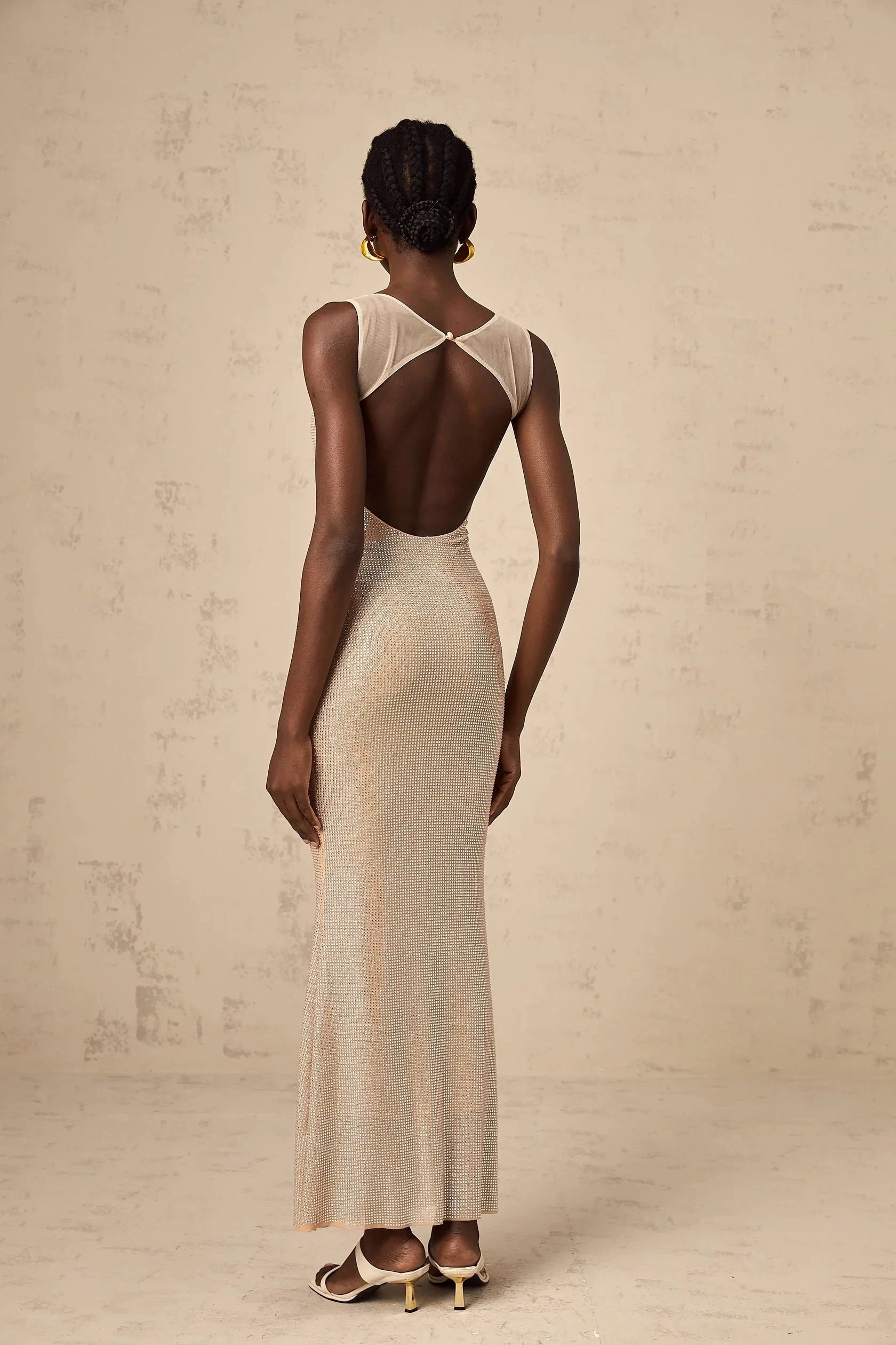 Champagne Sequined Open - Back Maxi Dress Sophie crystal-embellished open-back maxi dress Evening Dress by YiHuiw