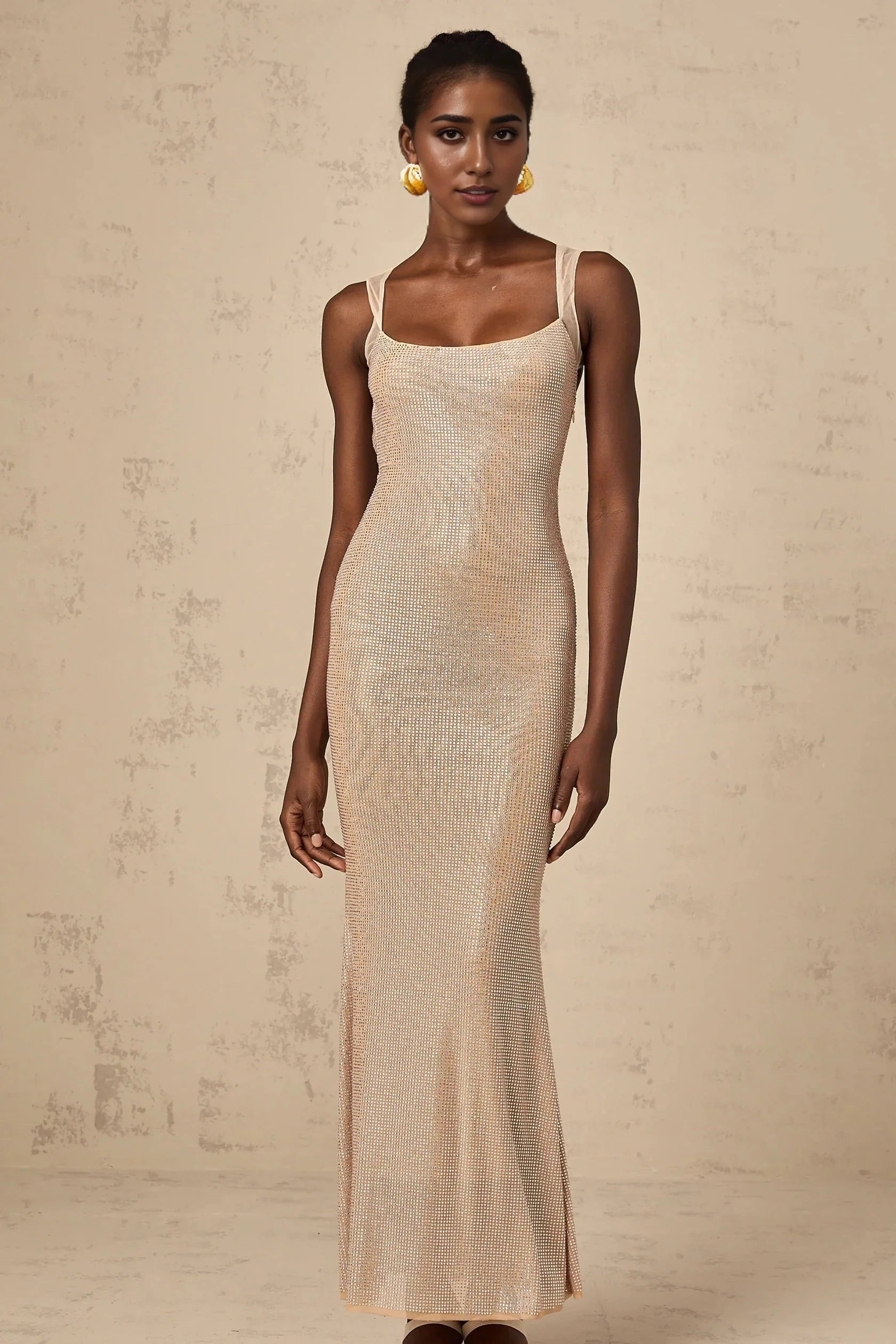 Champagne Sequined Open - Back Maxi Dress Sophie crystal-embellished open-back maxi dress Evening Dress by YiHuiw