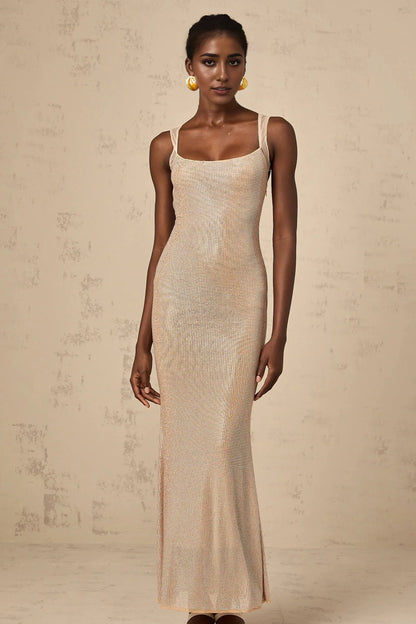 Champagne Sequined Open - Back Maxi Dress Sophie crystal-embellished open-back maxi dress Evening Dress by YiHuiw