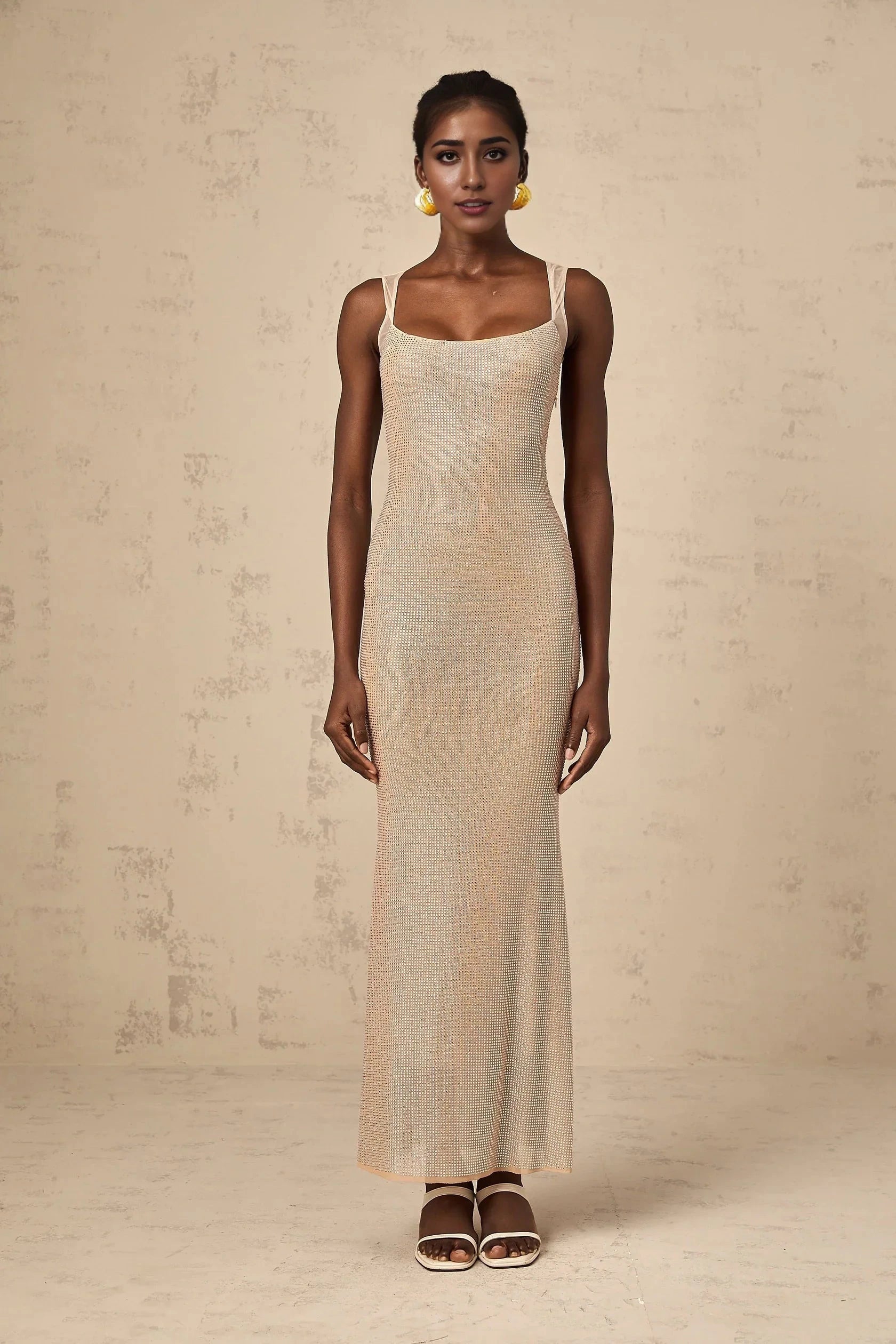 Champagne Sequined Open - Back Maxi Dress Sophie crystal-embellished open-back maxi dress Evening Dress by YiHuiw