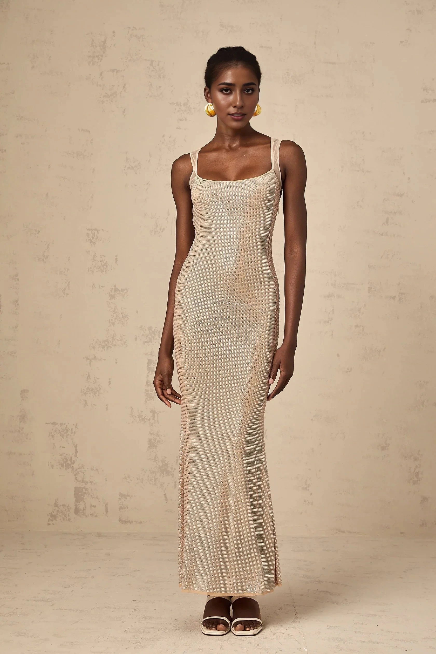 Champagne Sequined Open - Back Maxi Dress Sophie crystal-embellished open-back maxi dress Evening Dress by YiHuiw