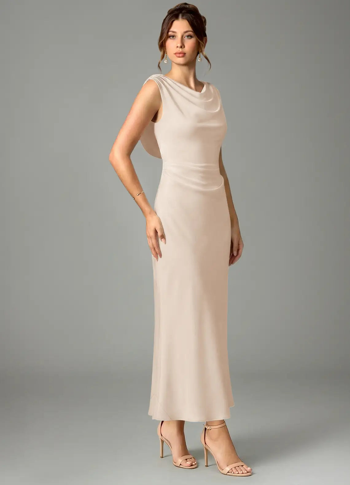 Champagne Cowl Neck Satin Sleeveless Open Back Draped Midi Wedding Dress - Yihuiw by Yihuiw