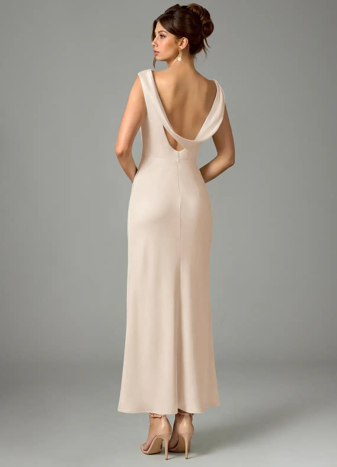 Champagne Cowl Neck Satin Sleeveless Open Back Draped Midi Wedding Dress - Yihuiw by Yihuiw