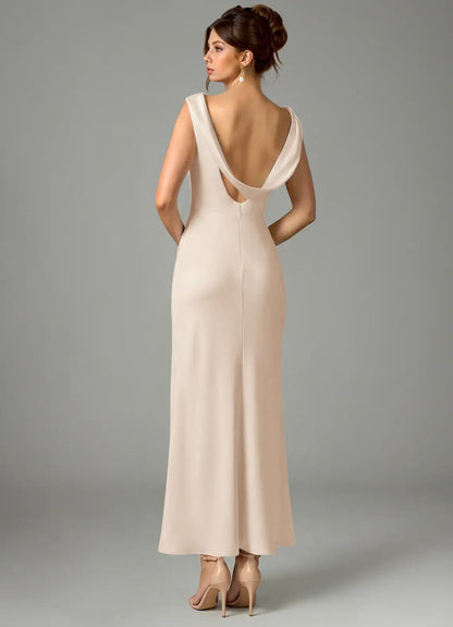 Champagne Cowl Neck Satin Sleeveless Open Back Draped Midi Wedding Dress - Yihuiw by Yihuiw