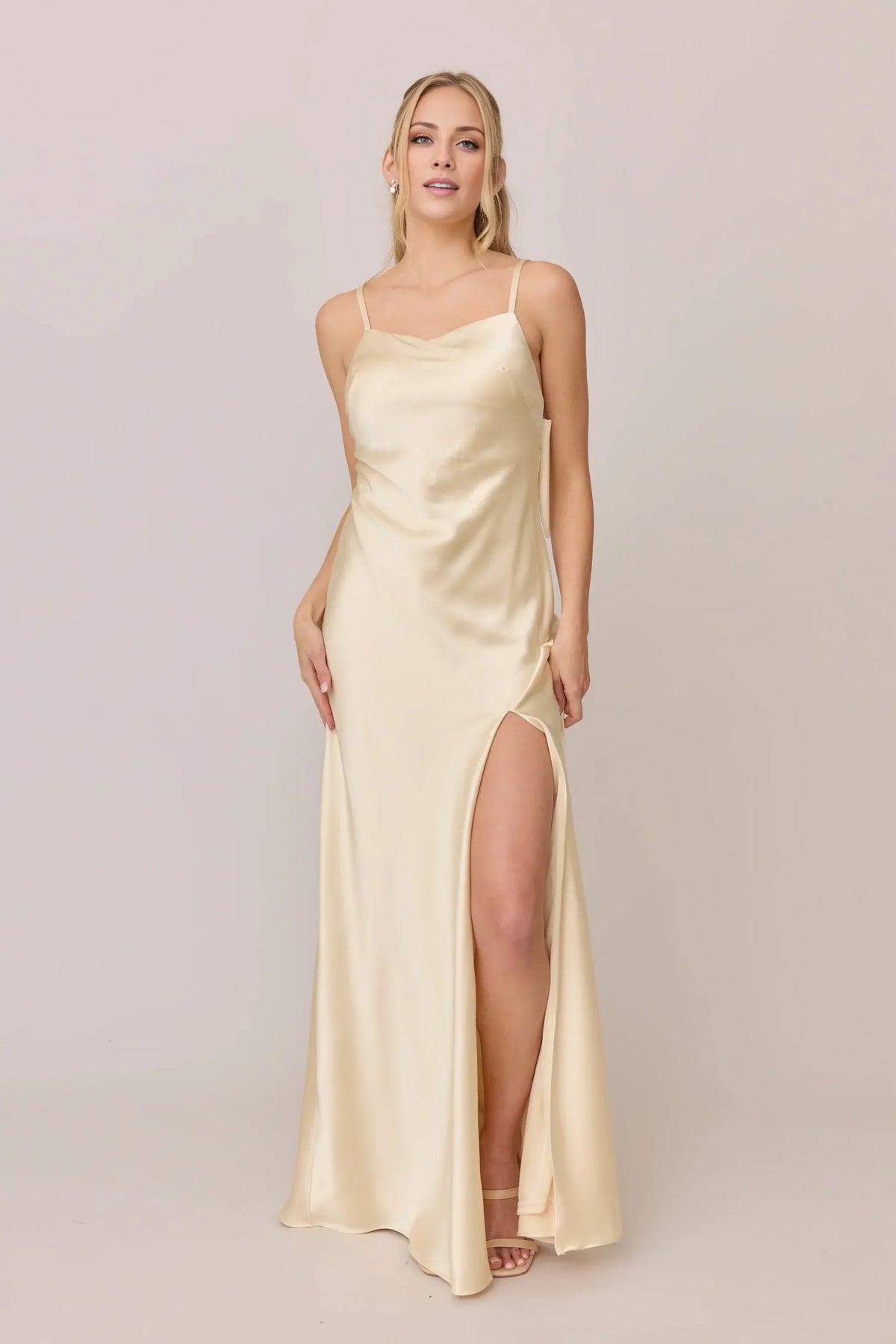Champagne A-Line Spaghetti Strap Satin High Slit Floor-Length Wedding Dress - Yihuiw by Yihuiw