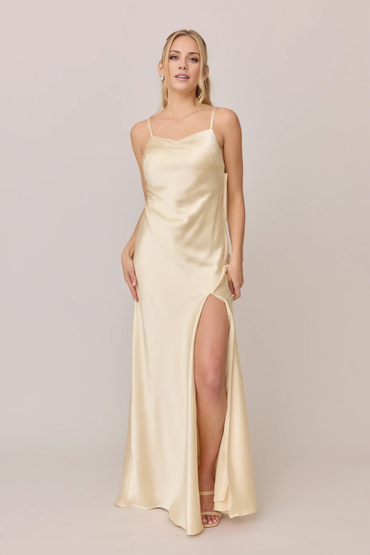 Champagne A-Line Spaghetti Strap Satin High Slit Floor-Length Wedding Dress - Yihuiw by Yihuiw